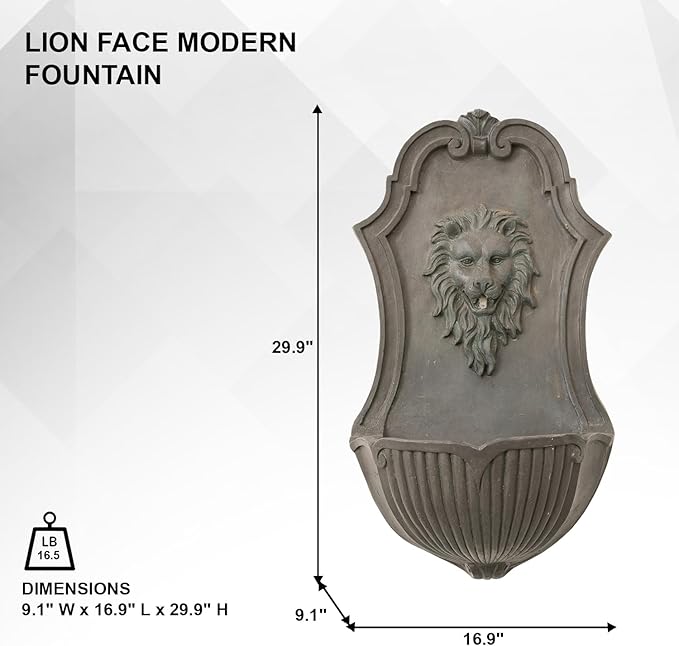 XBrand 26" Solar-Powered Wall-Mounted Lion Head Fountain, Resin, Outdoor, Gray