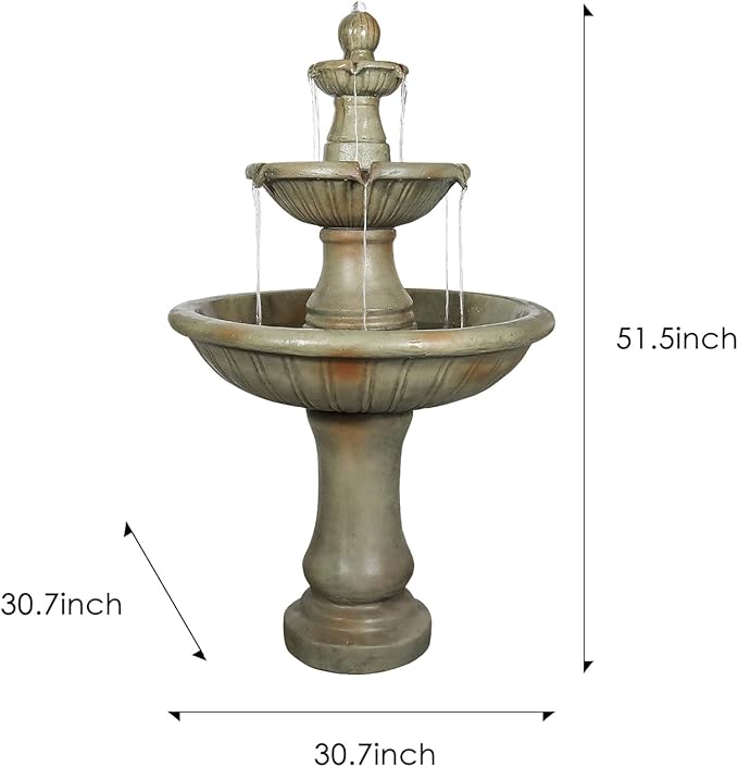 SunJet 51.5” High 3-Tiers Modern Concrete Outdoor Water Fountain - Round Large Outdoor Fountains and Waterfalls for Garden, Patio, Yard, and Deck Decor, Featuring Natural Stone Look