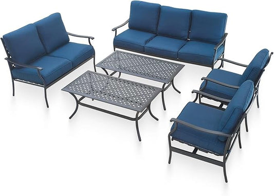 PatioFestival Patio Conversation Set 6 Pieces Metal Outdoor Furniture Seating Sets with Blue Thick Cushions, Rocking Chairs & Coffee Table & Loveseat