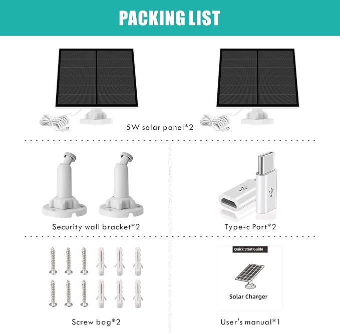 Solar Panel for Security Camera, 5W USB Solar Panel for Micro USB and USB-C Port Outdoor Rechargeable Battery Camera, Solar Panels with 9.8ft Cable, Adjustable Wall Mount, IP65 Waterproof, 2 Pack - Image 7