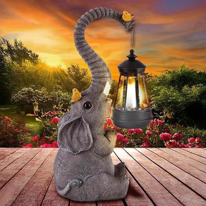 Elephant Garden Statues with Solar Lantern, Outdoor Figurine Resin Sculpture Hanging Solar Power Lights for Decoration Yard Patio Balcony Lawn Ornament Art Decor, Unique Gift for Grandma Wowen Mom