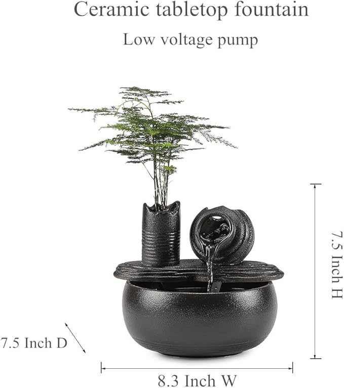Ceramic Tabletop Fountain Water Feature Fall Indoor and Outdoor Decoration (Black Pot A150)