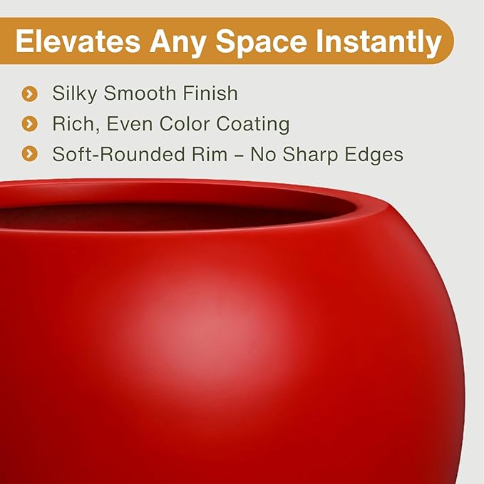 9.7"H x 12"D Premium Red Fiberstone Round Planter with Drainage Hole, Chinese & Lunar New Year Home Decor Pot, Smooth Finish, Weather Resistant Indoor & Outdoor, 2 Coco Mats (7.8" Opening)