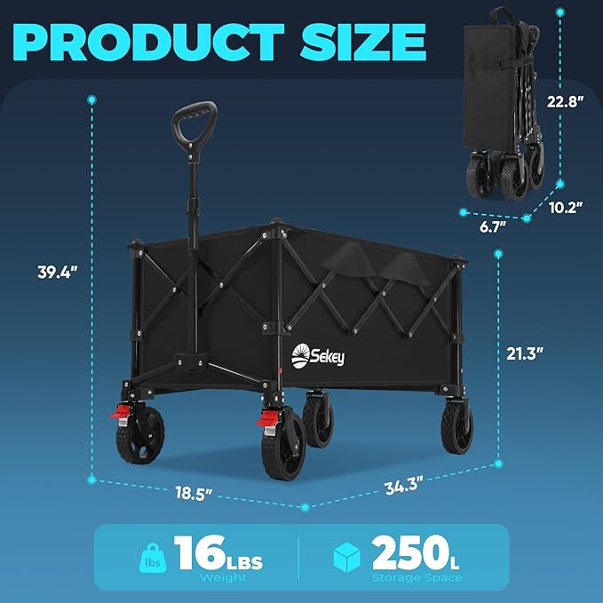 Sekey Collapsible Foldable Wagon with 330lbs Weight Capacity, Heavy Duty Folding Wagon Cart with Big All-Terrain Wheels. Black - Image 7