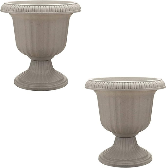 Southern Patio 2 Pack Utopian Urn Planter, Large 14 Inch Outdoor Pot, Lightweight Garden, Entryway, or Walkway Accessory with UV-Coated Finish, Stone