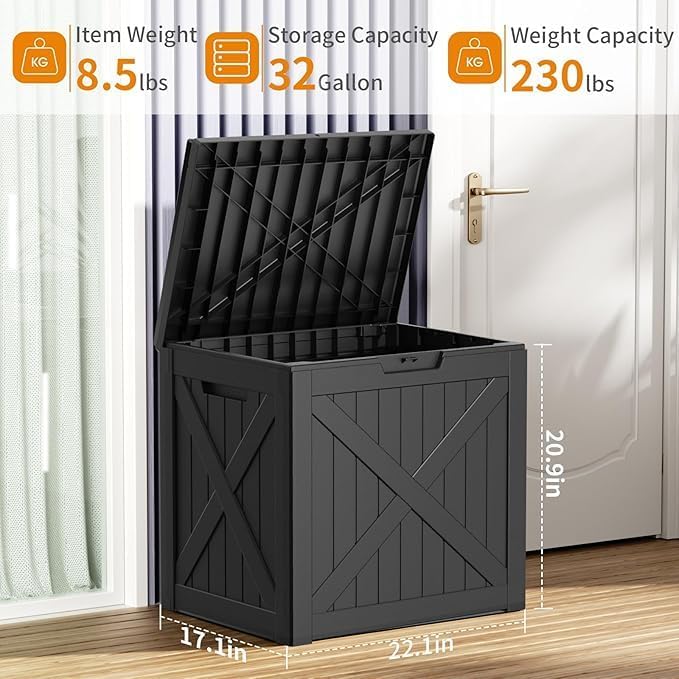 EasyUp 32 Gallon Outdoor Storage Box, Resin Waterproof UV-Resistant Deck Box, Reinforced Stability for Patio, Garden, and Poolside, X-Design Black - Image 2
