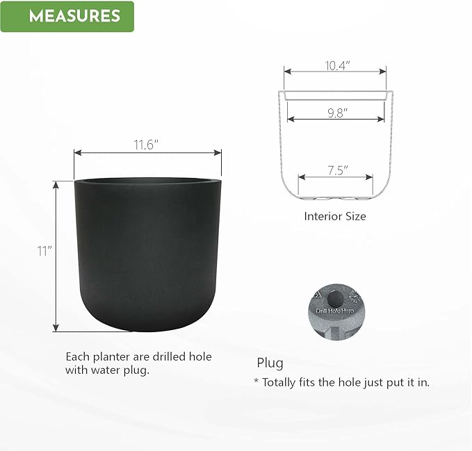 11 Inch Plant Pot, Modern Black Plastic Planter with Drainage Hole & Plug, Lightweight Weather Resistant Cylinder Flower Pot for Indoor Outdoor Use, Matte Black, 11" H x 11.6" Dia