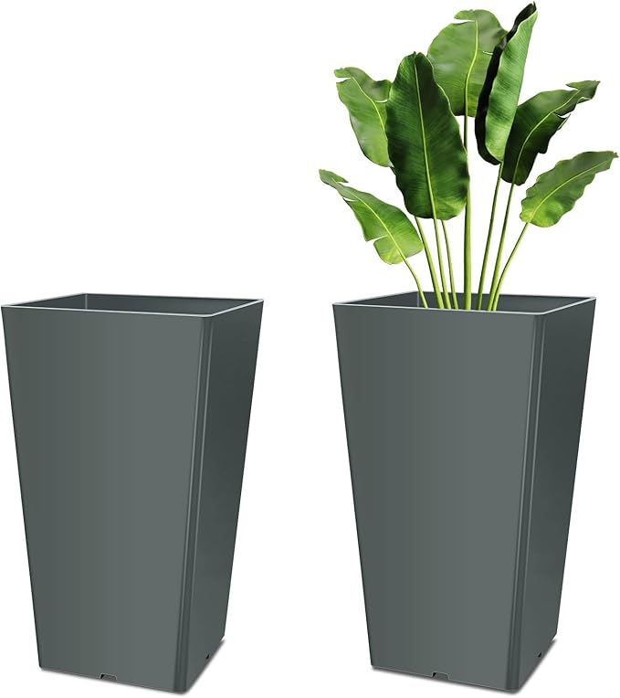 Set of 2 15.75 Inch Large Taper Planters Outdoor Indoor Tall Resin Flower Pots with Drainage Holes Modern for Front Door Patio Backyard Plants(Gray)