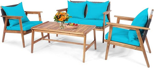 Tangkula 4-Piece Patio Furniture Set, Outdoor Acacia Wood Conversation Set with Cushions and Coffee Table, Outdoor PE Wicker Sectional Sofa Set for Garden, Poolside and Backyard (1, Turquoise)
