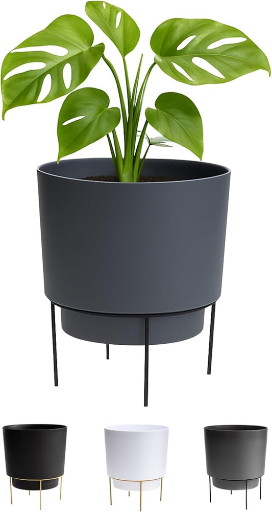 Bloem Hopson Decorative Resin Cachepot with Metal Stand, 6" Indoor and Outdoor Planter with Black Metal Stand, Charcoal