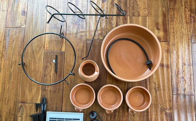 ASC Cascade Ceramic Solar Water Fountain Bowls 5 Tierd with Panel Pump Cascading Garden Decoration Bird Iron Frame (Terracotta with Battery and Led)
