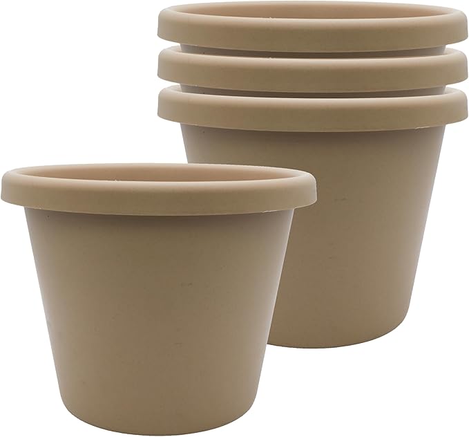 The HC Companies 7 Inch Classic Round Planter Pots with Drainage, Rolled Rim Plastic Planters for Indoor & Outdoor Plants, 4-Pack Decorative Flower Pots for Garden, Office & Home Decor, Sandstone