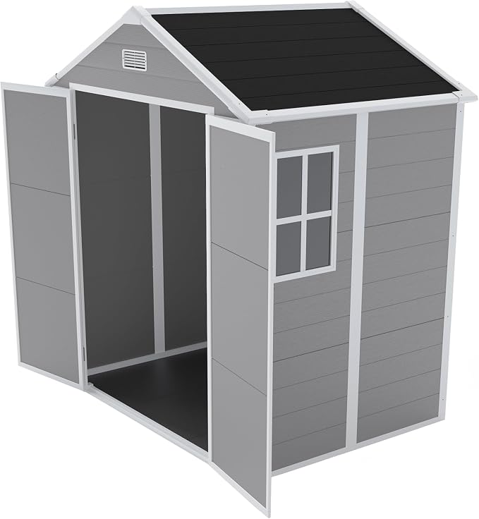 YOPTO 6x5 FT Resin Storage Shed,Garden House with Floor & Lockable Door,Waterproof Plastic Tool Sheds W/Slanting Roof Visual Window & Air Vents for Bicycles,Lawnmowers,Lawn,All Weather Use,Gray - Image 18