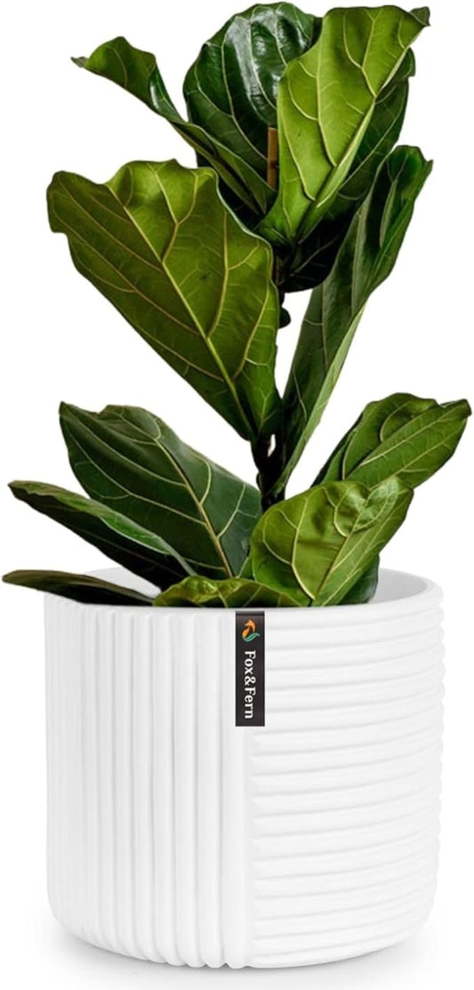 Fox & Fern 10 Inch Plant Pot with Drainage Plug — Premium Polystone White Plant Pot - Modern Planter with 3D Texture and Ceramic Finish - 10 Inch Pots for Plants Indoor & Outdoor