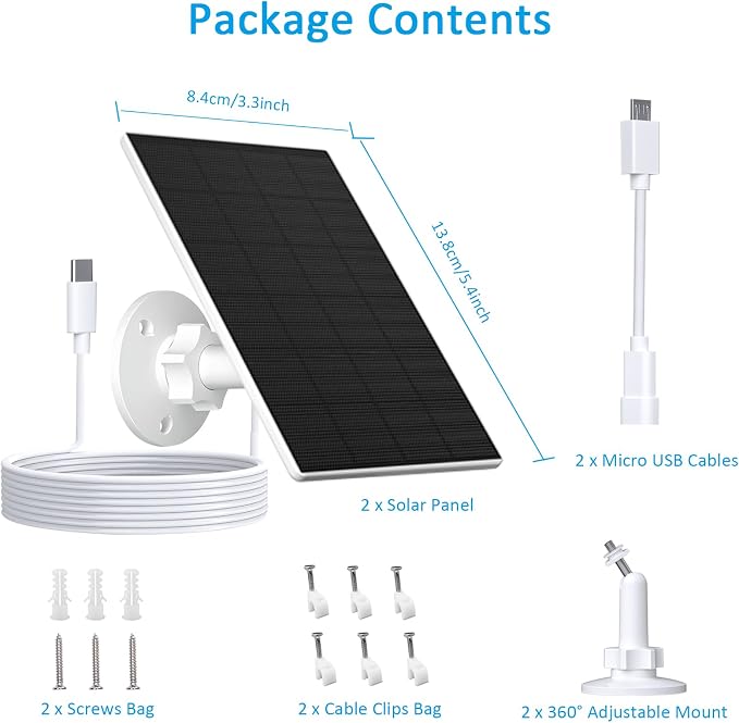 2W Solar Panel for Security Camera Outdoor, USB/USB-C Charger with IP65 Waterproof, 360° Adjustable Mount & 7.2ft Cable, Compatible with Rechargeable Battery Cameras (2 Pack, White) - Image 2