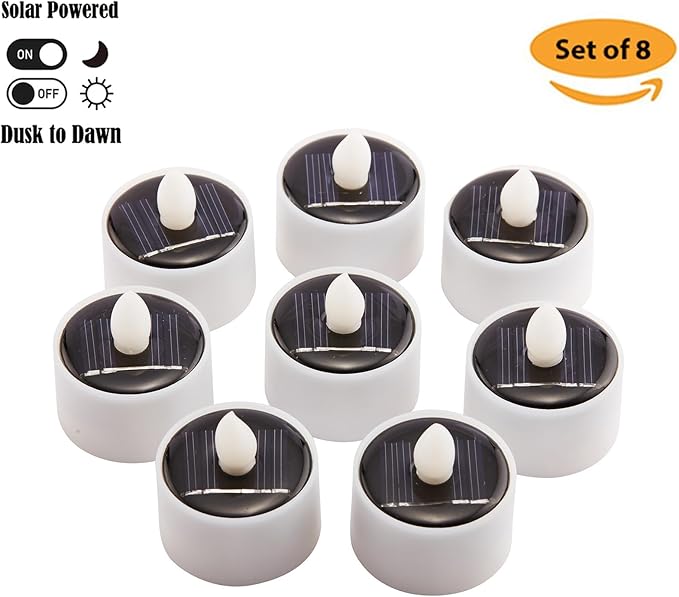 Solar Tea Lights Outdoor Waterproof, 8pcs Rechargeable Dusk to Dawn Little Solar Votive Candles, Flameless Flickering Small Light for Lantern Window DIY Chandelier Patio Deck Garden Decor (Warm White)