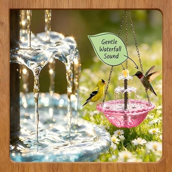 Hanging Solar Bird Bath Fountain 3 Layers,Solar Cascade Hanging Bird Bath Fountain,Hummingbird Water Fountain Solar with Solar Water Pump,Suitable for Gardens,Backyards,Patios,and Lawns. (Pink)