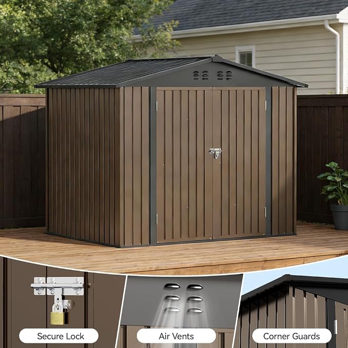 COMHOMA Shed Storage Outdoor Metal Windowed Lockable Weatherproof Ventilated Backyard Garden Utility Workshop(Brown,8'*6') - Image 2