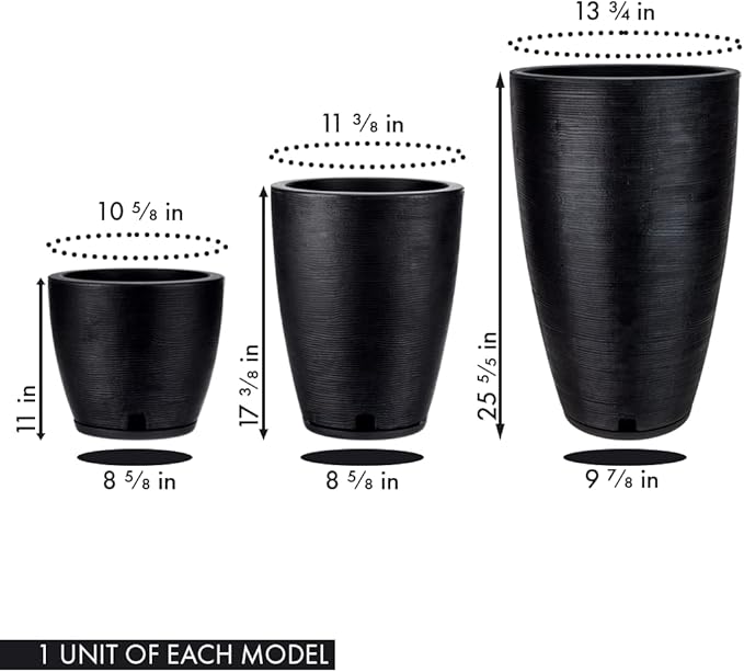 Floridis Set of 3 Black Planters for Indoor Outdoor Plants, 11/17/25 Inch Plastic Plant Pots with Drainage Hole and Saucer for Patio and Front Porch