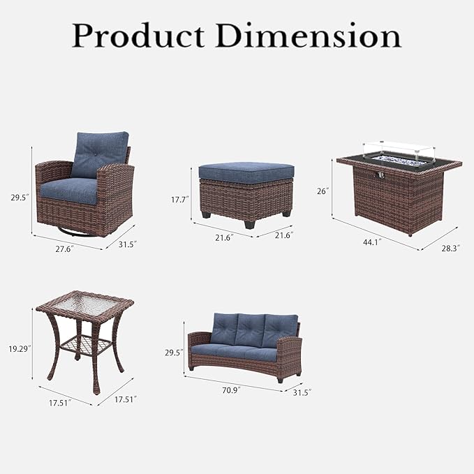 LayinSun 7 Pieces Patio Furniture Set with Swivel Chairs, Rattan Wicker Rocking Glide Chairs with 44" Propane Gas Fire Pit Table Conversation Set