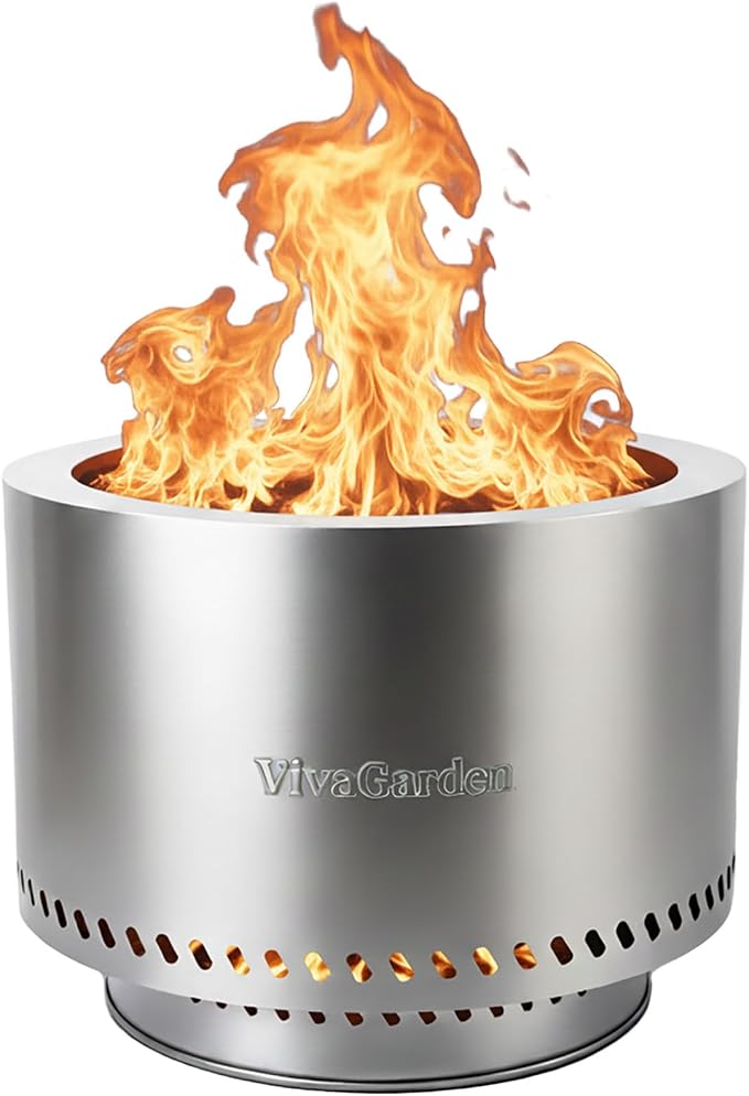 19.5 Inch Smokeless Fire Pit, VivaGarden Outdoor Wood Burning Fire Pit with Carry Bag, Stainless Steel Firepit for Camping, Backyard, Patio, Bonfire & Garden Gatherings (Silver) by VivaGarden