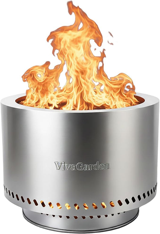 19.5 Inch Smokeless Fire Pit, VivaGarden Outdoor Wood Burning Fire Pit with Carry Bag, Stainless Steel Firepit for Camping, Backyard, Patio, Bonfire & Garden Gatherings (Silver) by VivaGarden
