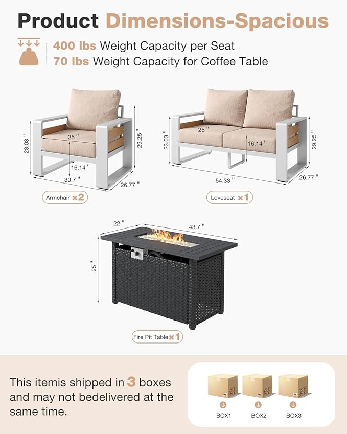 Aoxun Aluminum Patio Furniture Set with Fire Pit Table, 4 Piece Luxury Outdoor Sectional with 6" Olefin Fabric Cushions, Patio Conversation Sets with Waterproof Cover for Backyard, Porch Beige