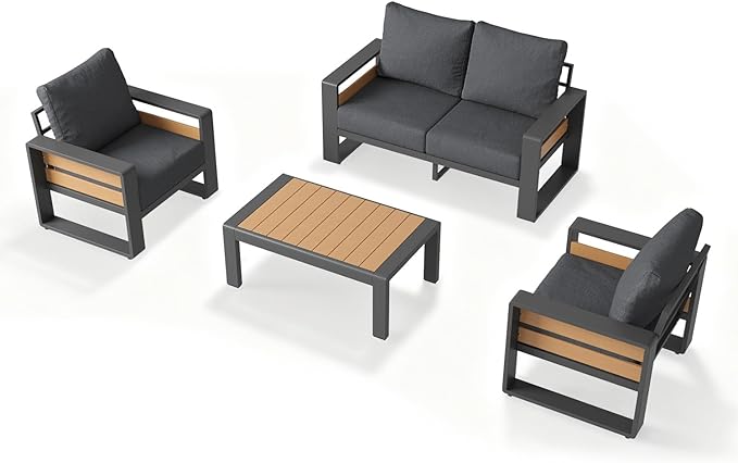 Aoxun Aluminum Patio Furniture Set, 4 Piece Luxury Outdoor Sectional with 6" Olefin Fabric Cushions, Patio Conversation Sets with Coffee Table and Waterproof Cover for Backyard, Porch Dark Grey