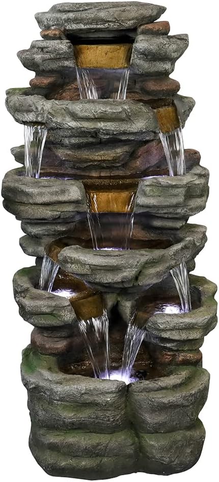 Naturefalls 47.2inches Outdoor Rockery Water Fountain with Led Lights - Poly-Resin Rock Cascading Water Fountains - Relaxation Water Features for Patio, Yard, Deck, Garden Decor
