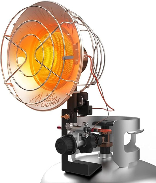 CAMPLUX Tank Top Propane Outdoor Heater 15,000 BTU, Single Burner Radiant Outdoor Heater with Tip-Over, 3 Adjustable Heat Modes with CSA Valve & Regulator for Garage, Camping, Hunting, Fishing, Patio