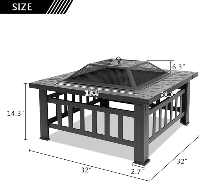 Portable Metal Fire Bowl Iron Brazier Wood Burning Fire Pit for Backyard Poolside Courtyard (32Inch, Black Square) - Image 4
