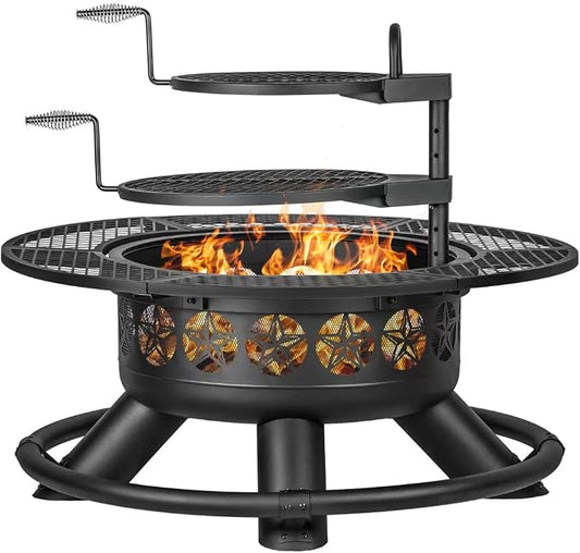 Verdeluxe 47 Inch Outdoor Fire Pit with 2 Grills, Extra Large BBQ Firepits for Outside, Metal Round Fire pits with Lid&Fire Poker,3 in 1 Wood Burning Outdoor Fireplaces for Backyard,Patio,Bonfire by OutdoorFirePit