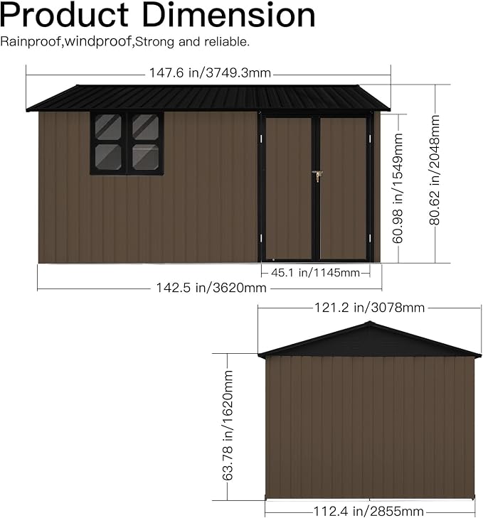 10x12 FT Outdoor Storage Shed, Large Metal Garden Shed with Window & Hinged Door, Upgraded Outside Tool Shed with Foldable Worktable & 2 Shelves, Waterproof Storage Building for Backyard, Brown+Black - Image 2