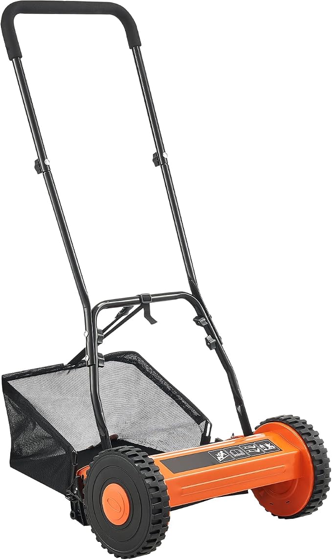 16-Inch Push Reel Lawn Mower, 5-Blade Design, Adjustable Cutting Height from 0.6 to 1.75 Inches, Includes Grass Catcher for Effortless and Even Trimming by OgracwheelFlatFreeTire%EF%BC%B7heel
