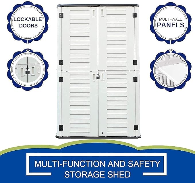 KINYING Outdoor Storage Shed Waterproof, Resin Vertical Storage Cabinet Double-Layered, Versatile to Store Patio Furniture, Garden Tools, Pool Accessories,Mower (66 Cu.ft,White) - Image 9
