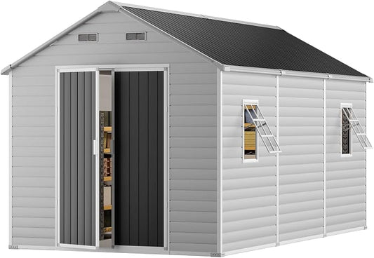 CDCASA Resin Storage Shed 8x14 FT, Waterproof Outdoor Sheds Heavy Duty Aluminum Frame Outside Plastic Tool Shed with Adjustable Openable Windows, Lockable Door for Backyard, Garden, Lawn, Dove Grey by CDCASA