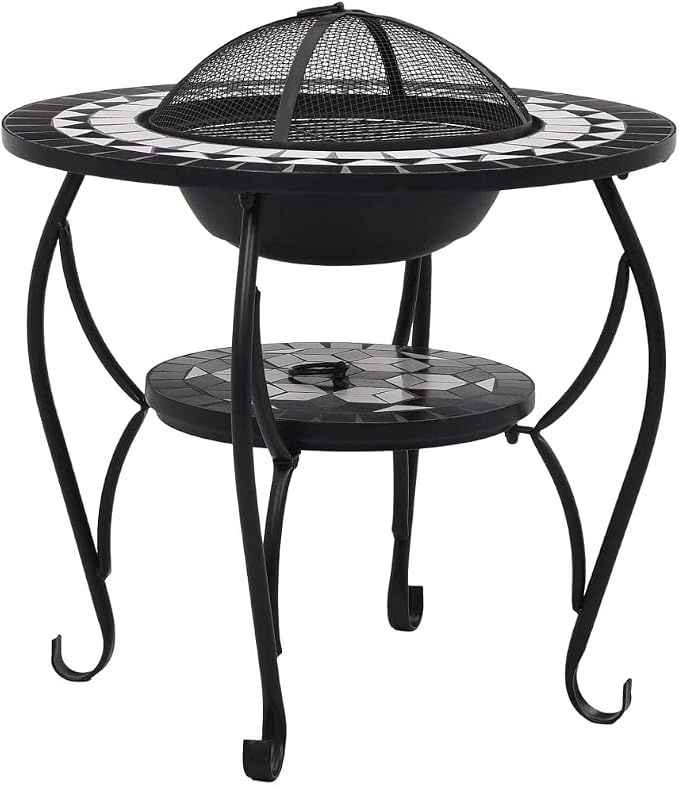 Mosaic Fire Pit Table, Outdoor Patio Wood Burning Fireplace, 26.8" Black and White Ceramic Grill Stand for Backyard - Image 2