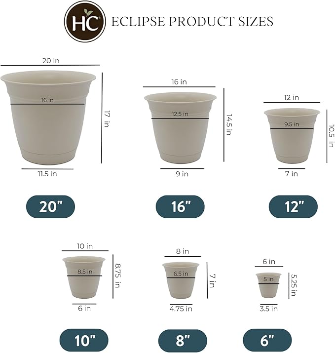 The HC Companies Eclipse Round Planter with Saucer - Outdoor & Indoor Plant Pot with Drainage Holes - Lightweight, UV-Resistant Plastic Pots for Plants, Flowers & Herbs (6?€? Cottage Stone, Pack of 1)