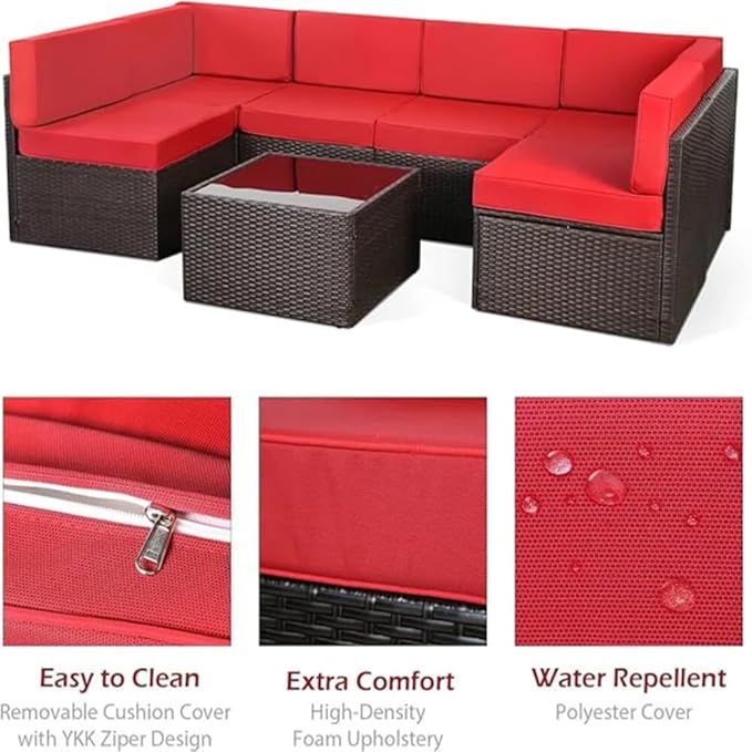 U-MAX 7 Piece Outdoor Patio Furniture Set with Extra 43 Inch Fire Pit Table, PE Rattan Wicker Sofa Set, Outdoor Sectional Furniture Chair Set with Cushions and Tea Table, Brown Rattan&Red Cushion