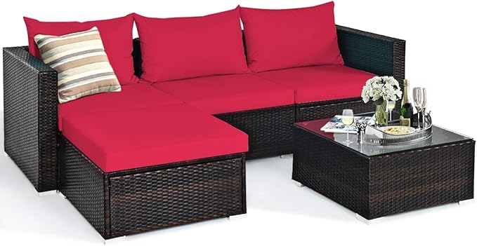 Tangkula 5 Piece Outdoor Patio Furniture Set, Sturdy Frame and Weight Capacity Up to 360 Pounds, Wicker Sectional Sofa Set with Glass Top Coffee Table, Porch Garden Poolside Furniture for 4 (Red)