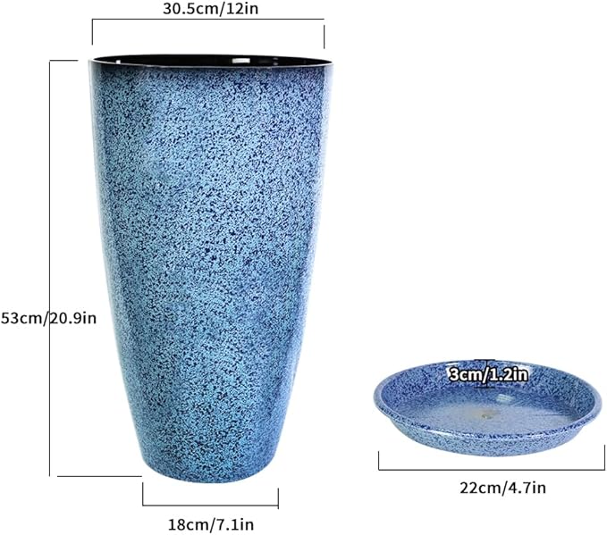 2 Pcs Pack 21 Inches Plastic Resin Tall Tapered Planter Pots Large Round Planter Flower Pot with Drainage Holes for Indoor Outdoor Deck Porch Garden Home Patio Front Door (Blue, L)