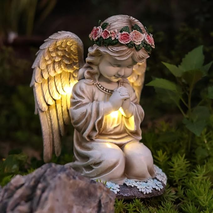 Solar Garden Outdoor Statues Lights, Resin Angel Figurine Light for Patio, Balcony, Yard, Lawn Ornament, Unique Housewarming Gifts and Yard Decor