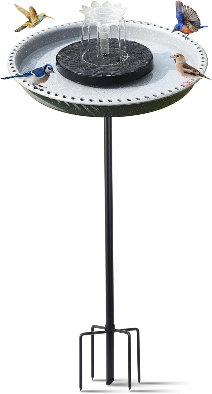 Solar Powered Bird Bath with Fountains for Hummingbirds,Stable Stylish Design with 5-Prong Base Metal Stake Plastic Bird Baths for Outside Lawn Patio Yard Garden