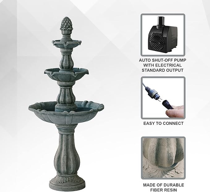 XBrand 51" 3-Tier Outdoor Freestanding Waterfall Fountain with Pump and Pineapple Finial, Gray