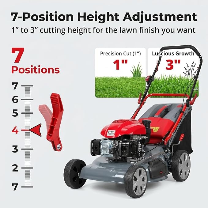 173cc Gas Lawn Mower, Self-Propelled Rear Wheel Drive, Adjustable 3-Speed Settings, 20" Cutting Width, 60L Grass Catcher, Ideal for Large Lawns, Easy Start & Efficient Grass Collect Red - Image 5