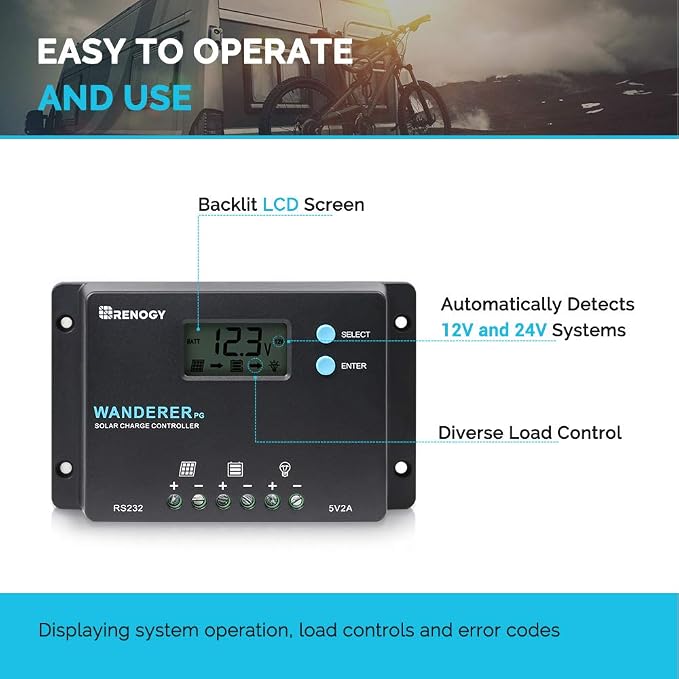 Renogy 10A 12V/24V PWM Postive Ground Solar Charge Controller Regulator Compact Design w/ LCD Display for Deep Cycle Sealed, Gel, and Flooded Battery, Wanderer PG 10A,Black - Image 3