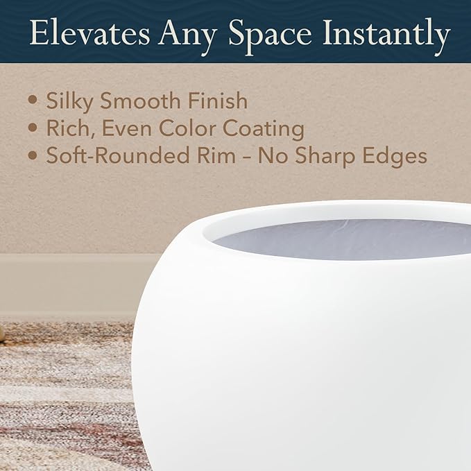 12.8"H x 16"D Premium Globo Fiberstone Round Planter with Drainage Hole, Smooth Finishes, Weather Resistant for Indoor and Outdoor Use, Included 2 Extra Coco Mats (White, 10.7" Pot Opening)