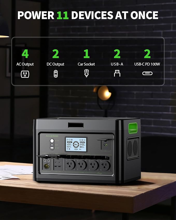 Portable Power Station 2400W Solar Generator, 1843Wh UPS Home Battery Backup, LiFePO4 Battery Supply with 12 Outlets(2400W AC Outlets,4800W Peak), USB-C PD100W, 2Hrs Quick Charge, RV Camping - Image 4