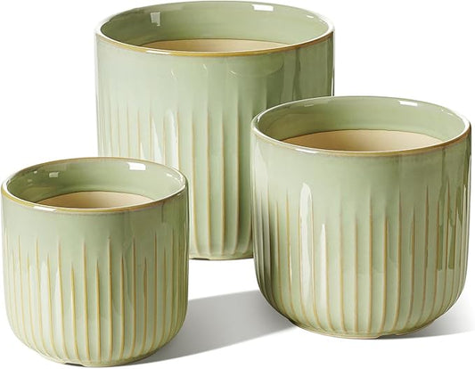 LE TAUCI Ceramic Pots for Plants, 8.3/7/6 Inch Indoor Planters with Drainage Holes & Mesh, Modern Glossy Glaze Cylinder Fluted Plant Pot for Snake Plant, Set of 3, Sage Green