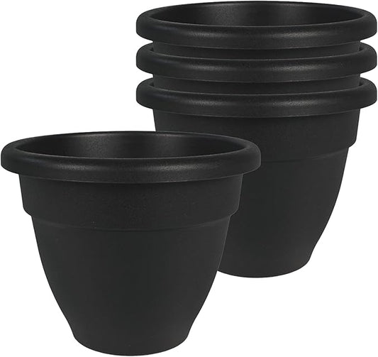 The HC Companies 6 Inch Caribbean Planter Pots with Drainage & Plug, Rolled Rim Plastic Planters for Indoor & Outdoor Plants, 4-Pack Decorative Flower Pots for Garden, Office & Home Decor, Black